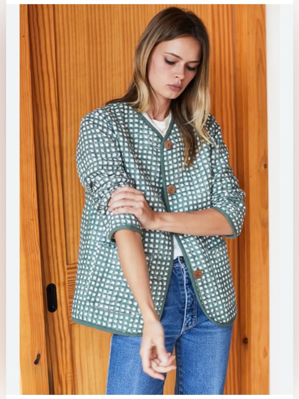 Emerson Frye India Collection QUILTED JACKET - MOSS GINGHAM ORGANIC size Large